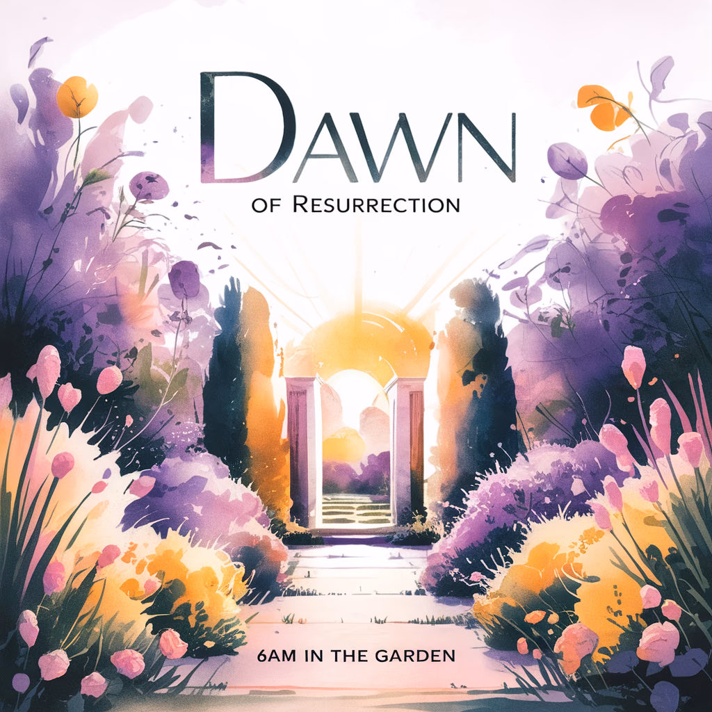 watercolor style typography for 'Dawn of Resurrection', fluid brush strokes suggesting a sunrise-drenched garden, vibrant lilac and amber tones, elegant '6AM in the Garden' text underneath