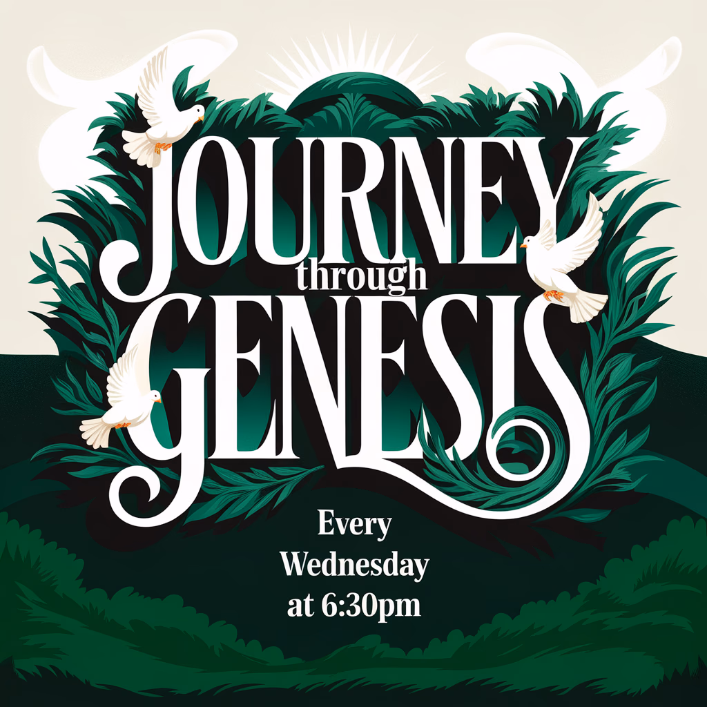 vivid typography displaying 'Journey Through Genesis', thriving green landscapes accented with vibrant doves and olive branches, rich emerald and ivory palette, striking 'Every Wednesday at 6:30PM' text in elegant serif font