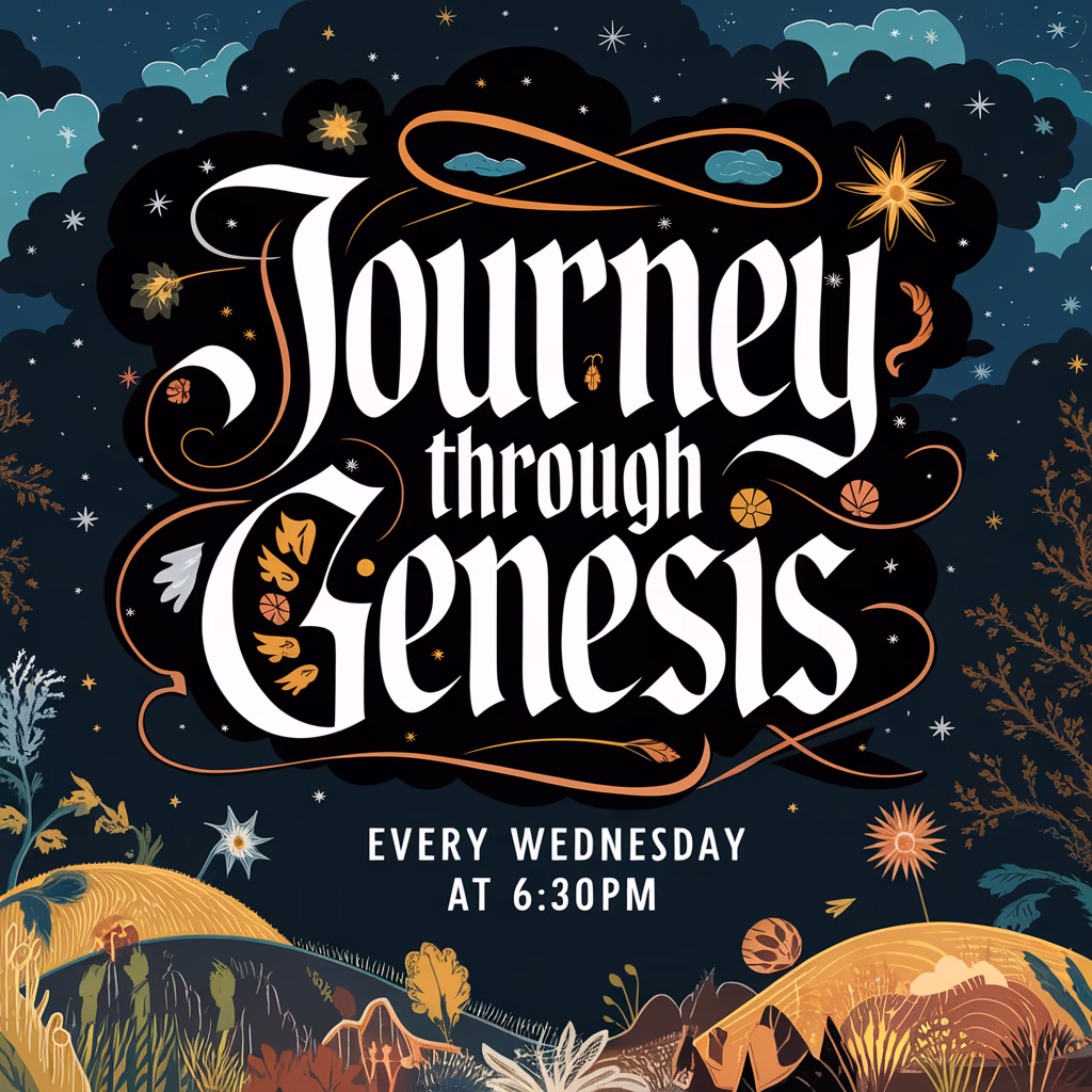 ornate calligraphy typography displaying 'Journey Through Genesis', illustrated elements of creation and biblical landscapes, earth tones and celestial background, elegant 'Every Wednesday at 6:30PM' text in serif font