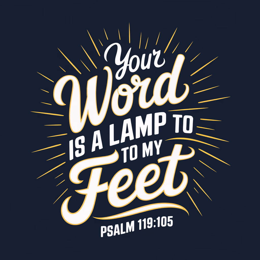 bold script typography displaying 'Your word is a lamp to my feet', radiant light burst and abstract glowing elements, vibrant yellow and deep blue color theme, striking 'Psalm 119:105' text in an engaging font style