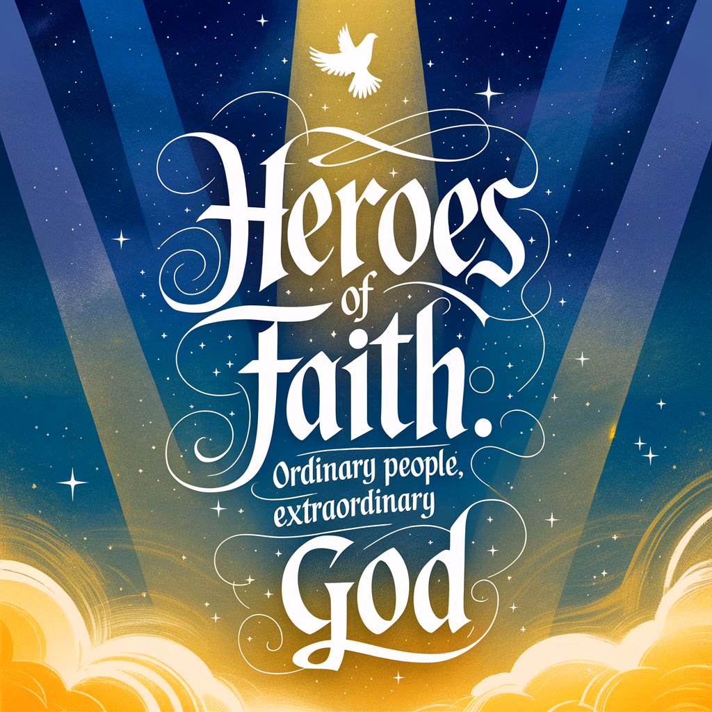 inspiring calligraphy typography displaying 'Heroes of Faith: Ordinary People, Extraordinary God', celestial light beams and a gentle dove silhouette, serene sky blue and golden color palette, emphasizing spirituality and divine inspiration