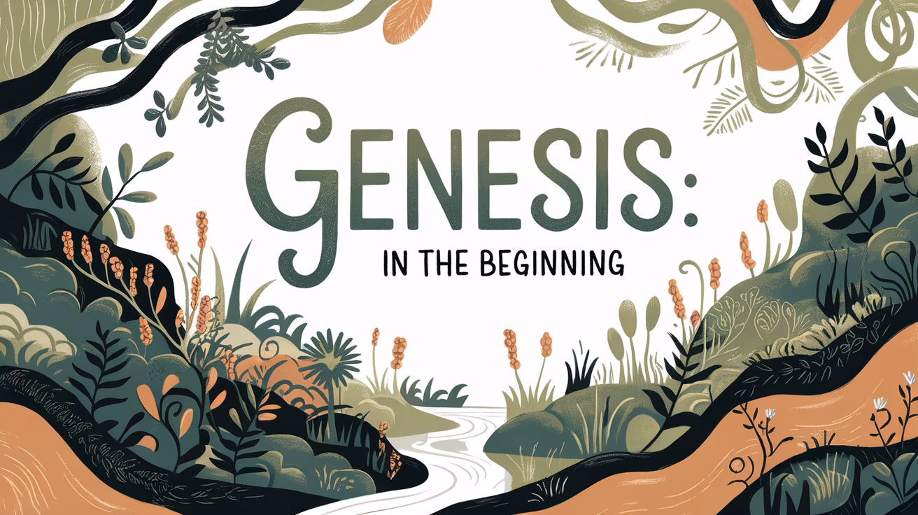 Hand-lettered typography displaying 'Genesis: In the Beginning', lush landscapes with flourishing plants and gentle streams, earth tones with soft greens and browns, intertwined with organic shapes and textures.