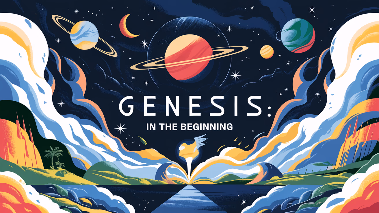 Create an epic design with the text 'Genesis: In the Beginning' as the focal point. Surround the text with grandiose creation imagery, including elements like stars, planets, oceans, and landscapes, to evoke a sense of awe and wonder.