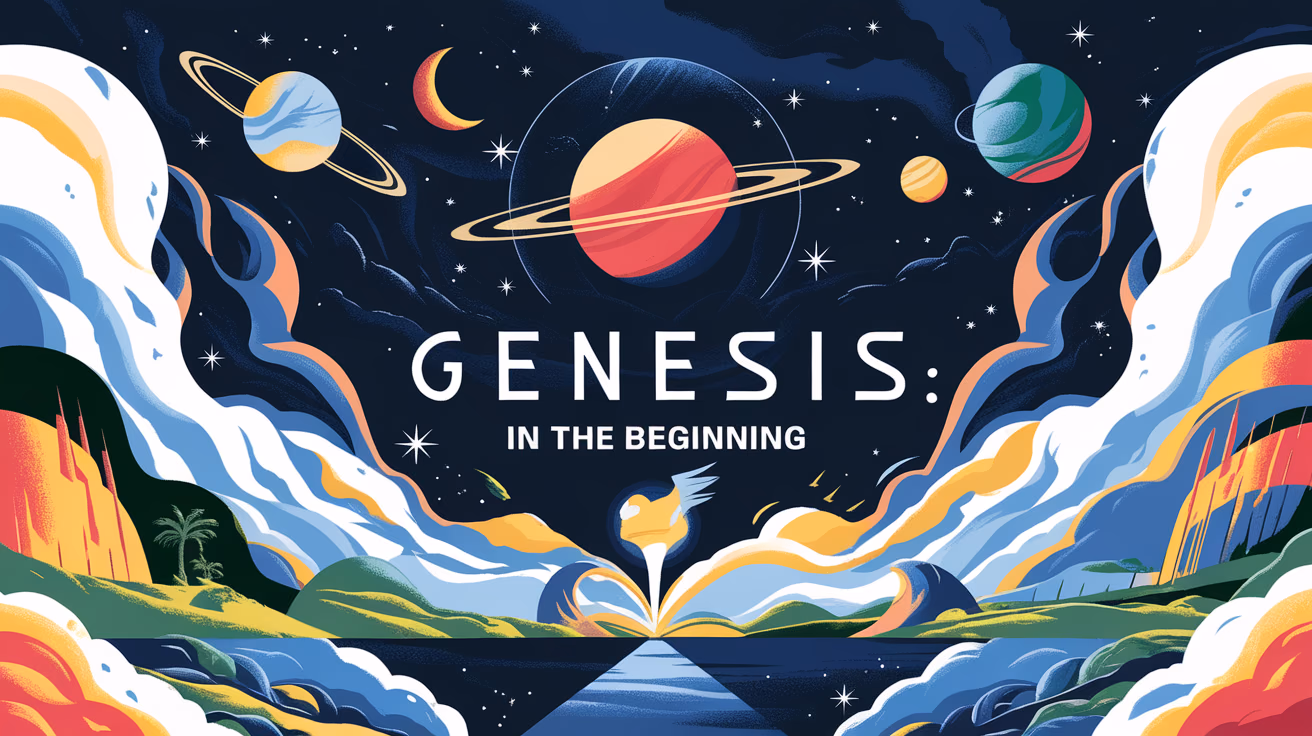 Create an epic design with the text 'Genesis: In the Beginning' as the focal point. Surround the text with grandiose creation imagery, including elements like stars, planets, oceans, and landscapes, to evoke a sense of awe and wonder.