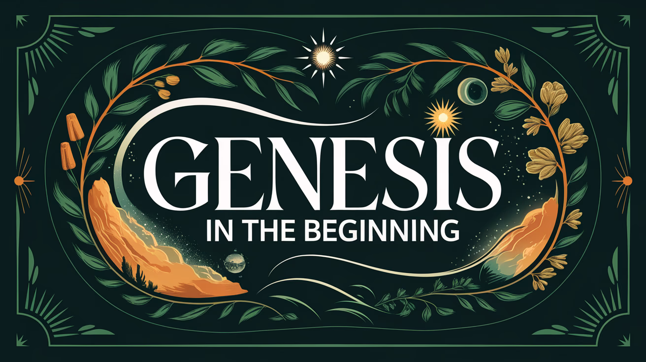 "elegant organic typography with 'GENESIS' prominent above 'IN THE BEGINNING', blend of natural and earthy elements with subtle cosmic features, harmonious creation theme with green and brown tones"