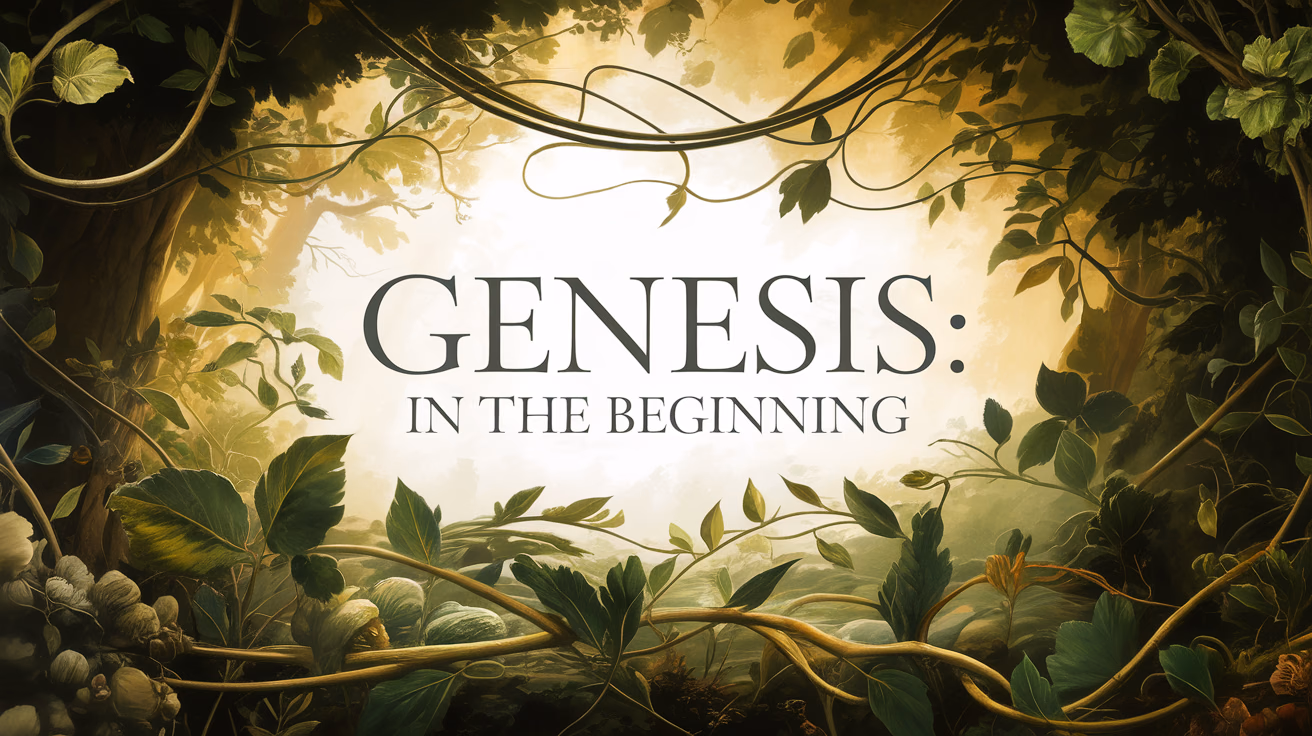 A grand natural scene centers on 'Genesis: In the Beginning' in timeless serif typography. Swirling vines and leaves frame the text. Creation unfolds through earthy light and botanical elements. Forest greens blend with sunlit golden rays.