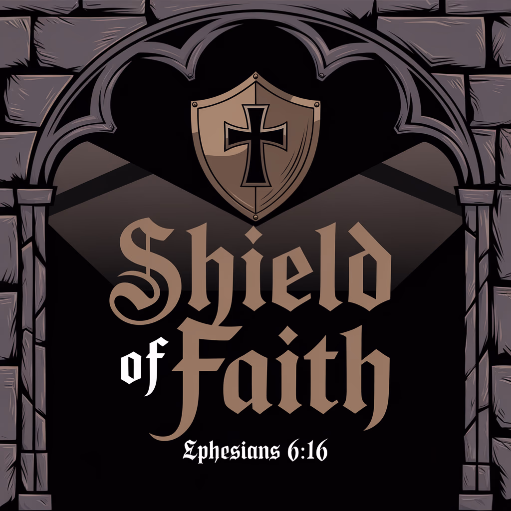 The design features a prominent shield with a cross at the center in Antique Bronze against a Dark Brown backdrop. Below the shield, the "SHIELD OF FAITH" is displayed in Taupe, using Medieval serif typography. A scripture reference, "EPHESIANS 6:16", is positioned beneath in the same Medieval serif style. Dark stone textures and pointed arch details frame the design, with dramatic lighting effects casting moody shadows, contributing to a Gothic thematic presentation.