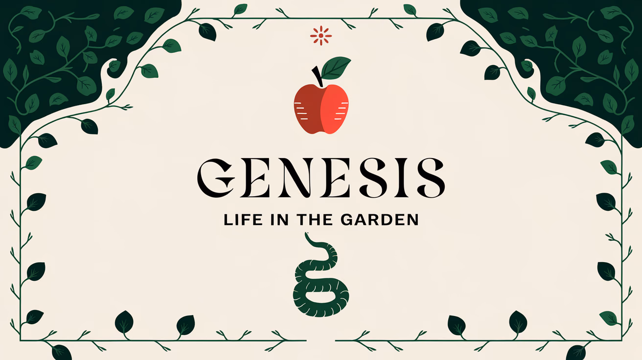 The title 'Genesis: Life in the Garden' is presented in classic and mystical lettering. An ivory background frames delicate vine borders, focusing on a central red apple and stylized serpent imagery. Lush green backdrops with organic, flowing lines subtly represent the Garden of Eden.