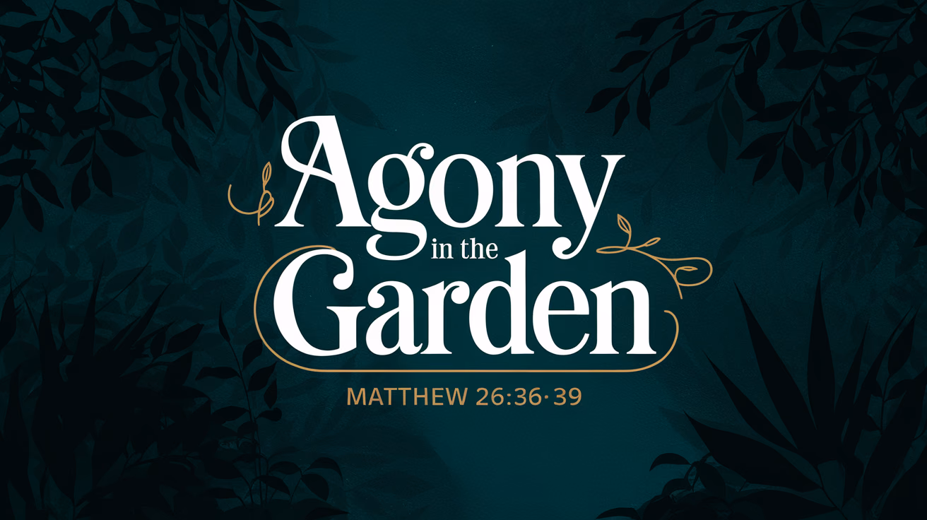 The title 'Agony in the Garden' appears prominently in elegant serif typography with subtle gold highlights, conveying reverence. Below, 'MATTHEW 26:36-39' is styled in clean sans-serif with a touch of gold, providing contrast. A textured forest green background with deep shadowed foliage enhances a somber and reflective atmosphere to emphasize the spiritual and contemplative theme.