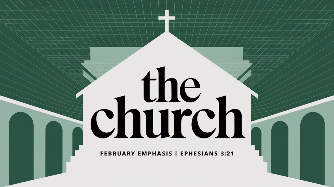 Create a modern and clean design with a white church silhouette as the focal point. Display "The Church" using bold serif, and add "FEBRUARY EMPHASIS | EPHESIANS 3:21" below it in sans-serif. The background should feature green with a grid pattern.