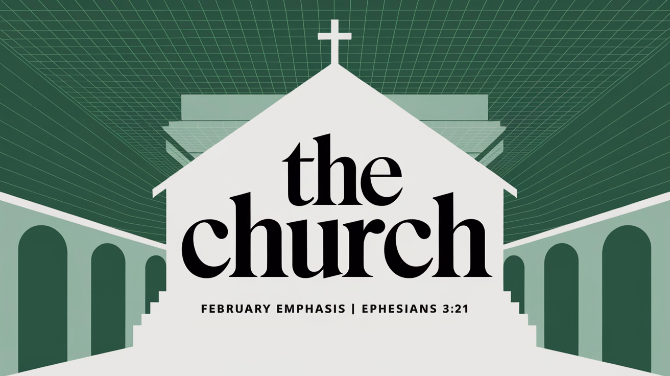 Create a modern and clean design with a white church silhouette as the focal point. Display "The Church" using bold serif, and add "FEBRUARY EMPHASIS | EPHESIANS 3:21" below it in sans-serif. The background should feature green with a grid pattern.