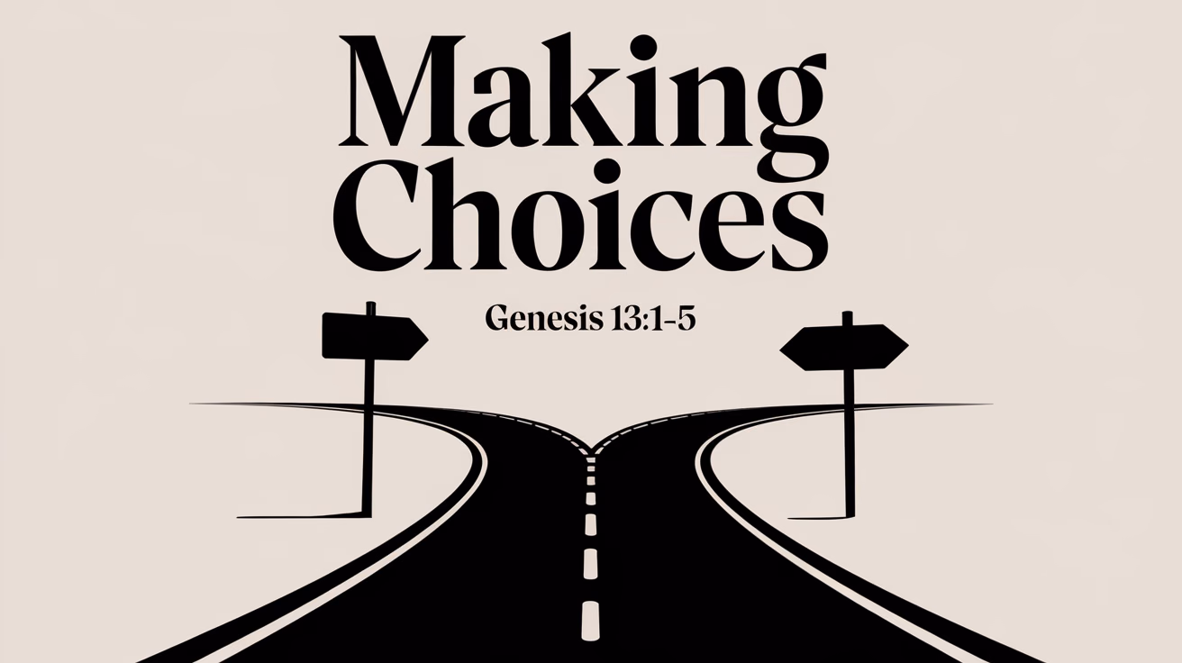 The main title 'Making Choices' is displayed in bold serif typography across two lines for emphasis. Beneath, the verse 'Genesis 13:1-5' is centered in a classic serif font. The background features a realistic depiction of a split road: two paths diverge with signpost arrows indicating left and right choices, symbolizing the concept of difficult decisions.