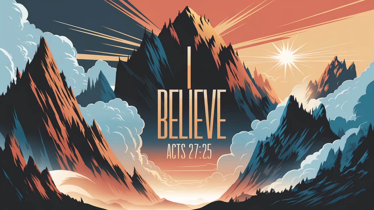The title 'I Believe' towers with grandeur in bold, majestic typography. Underneath, 'Acts 27:25' sits in elegant, harmonious lettering. Dramatic mountain peaks rise through misty clouds, with a radiant sunrise casting golden hues, evoking an awe-inspiring sense of hope and inspiration.
