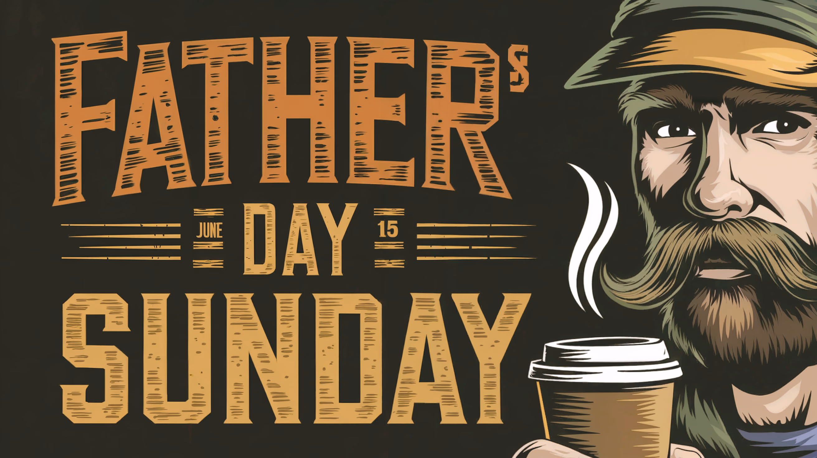 The title 'Father’s Day Sunday' stands prominently at the top in bold typography with rugged textures, reflecting strength and masculinity. The smaller text 'June 15th' appears at the bottom in robust, clear lettering. The lumberjack's features, including the mustache and coffee cup, are highlighted with deep shadows in pine green and warm amber tones, creating a compelling and earthy backdrop.