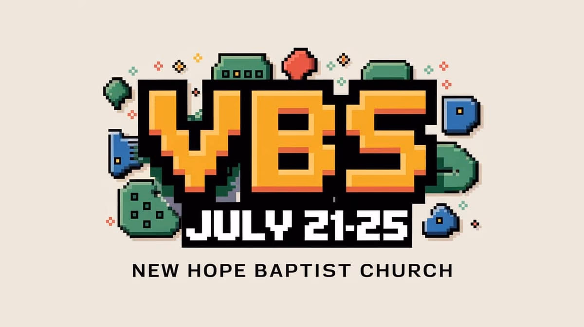 Pixel art Vacation Bible School graphic with dates and church name