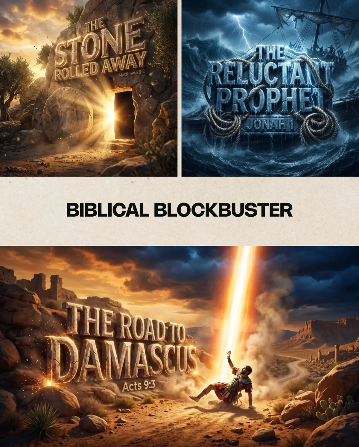 Three Biblical Blockbuster style sermon graphics: “The Stone Rolled Away,” “The Reluctant Prophet,” and “The Road to Damascus,” styled like cinematic movie posters