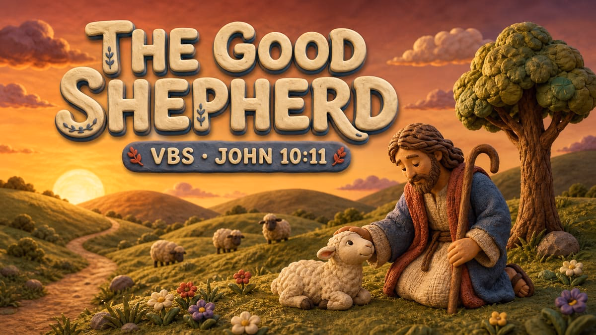 The Good Shepherd VBS graphic rendered as a handmade clay diorama at sunset