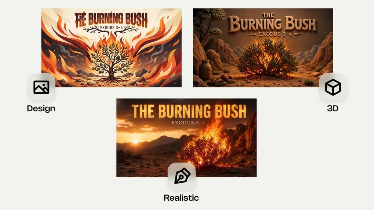 The Burning Bush rendered in Design, 3D, and Realistic default styles