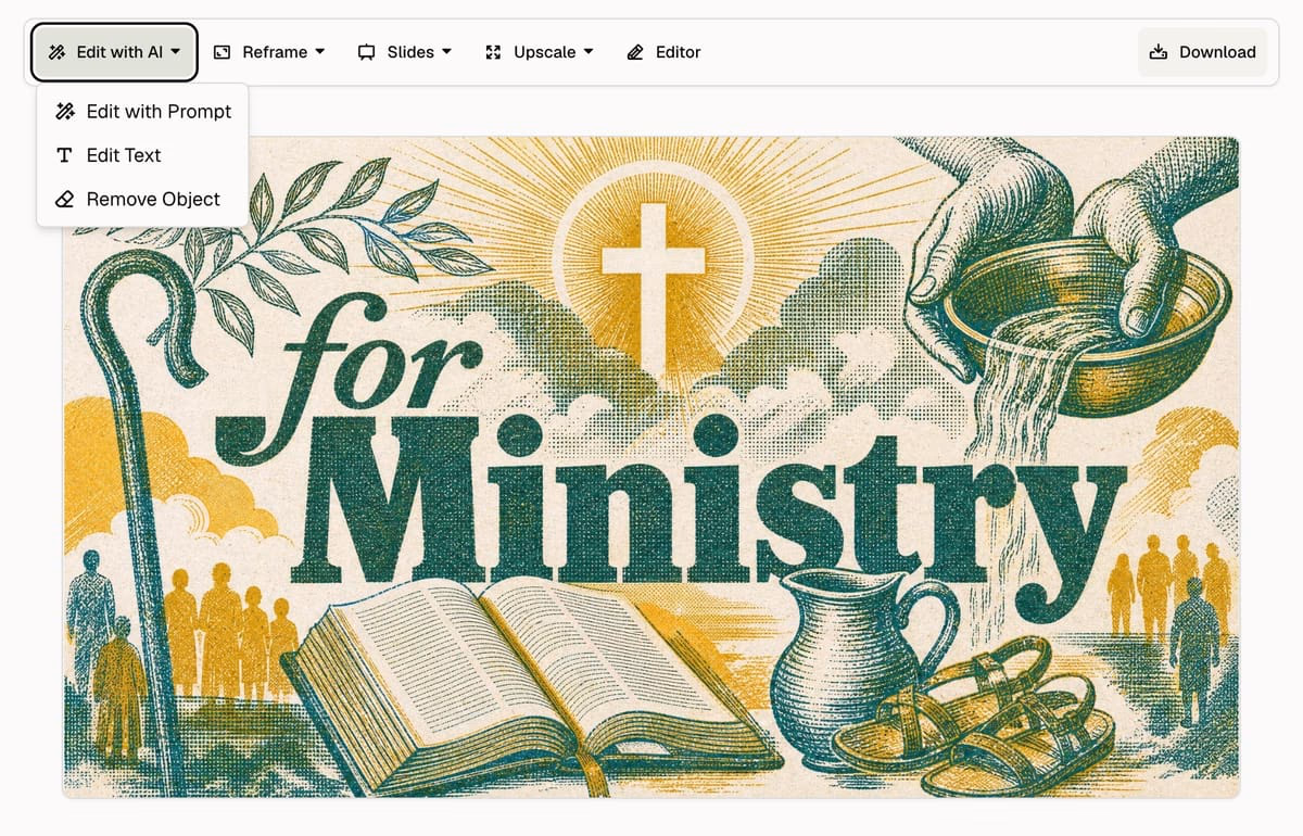 Church Canvas design toolbar with the Edit with AI menu showing Edit with Prompt, Edit Text, and Remove Object