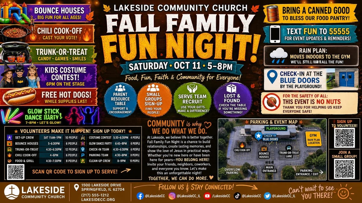 Overloaded Fall Family Fun Night church graphic packed with schedules, rules, QR codes, and competing headlines
