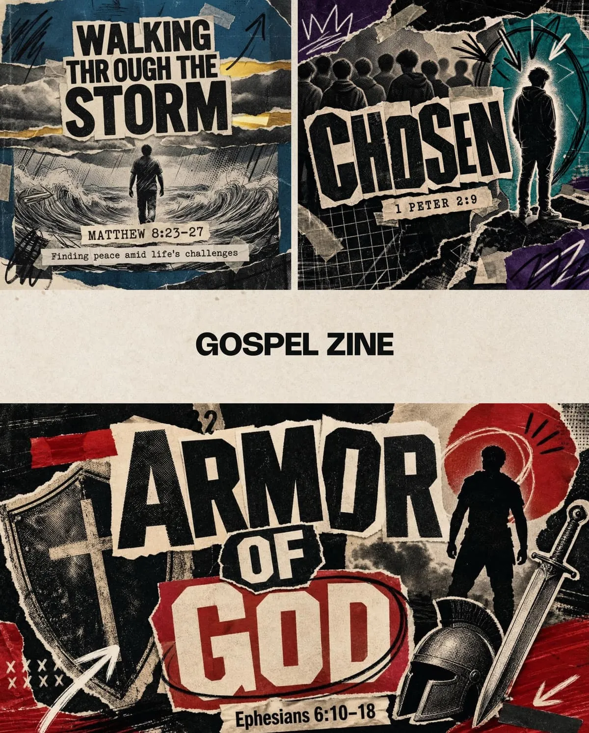 Three Gospel Zine style sermon graphics: “Walking Through the Storm,” “Chosen,” and “Armor of God,” styled like torn-paper punk collage