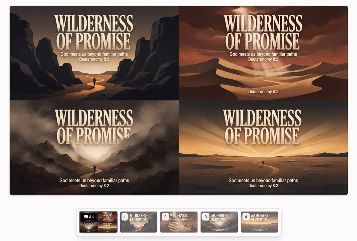 Four Wilderness of Promise sermon graphic variations displayed in Church Canvas Grid Mode