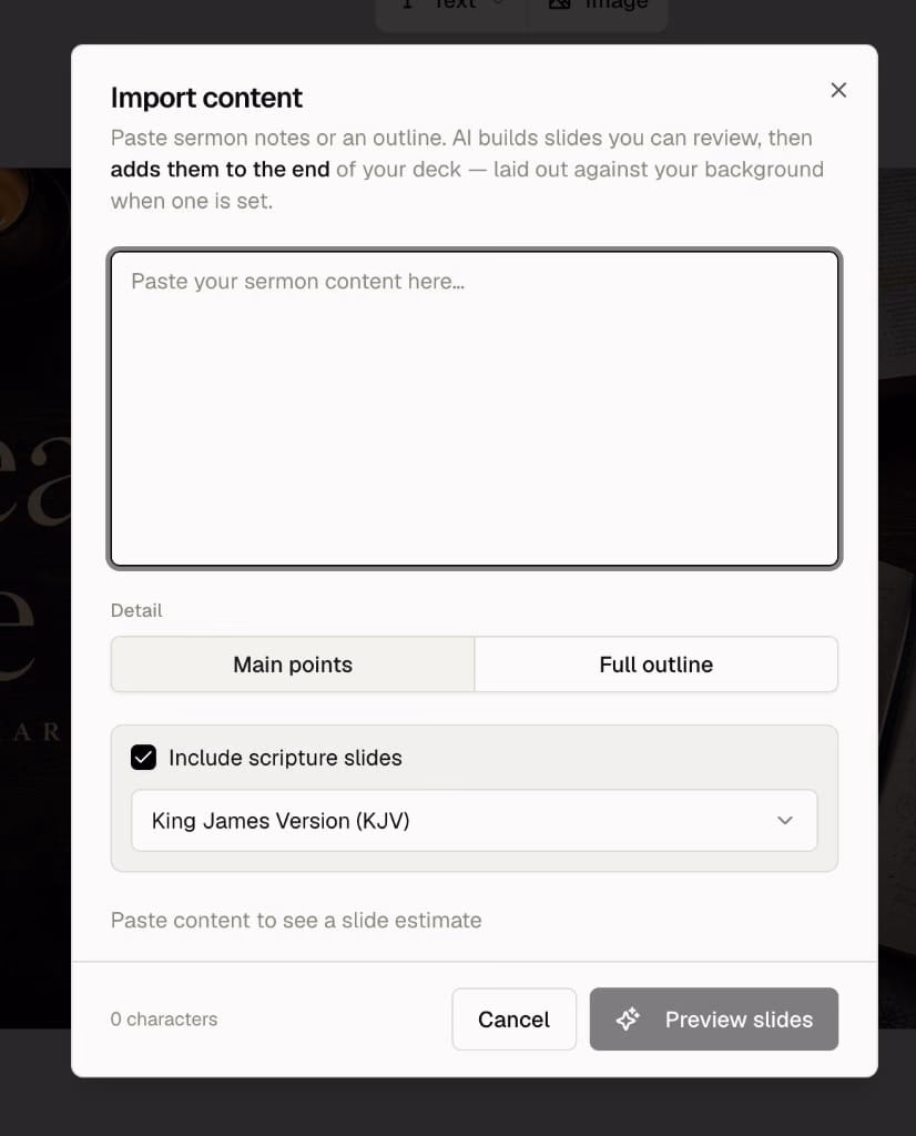 Import content modal with Main points selected and Include scripture slides checked