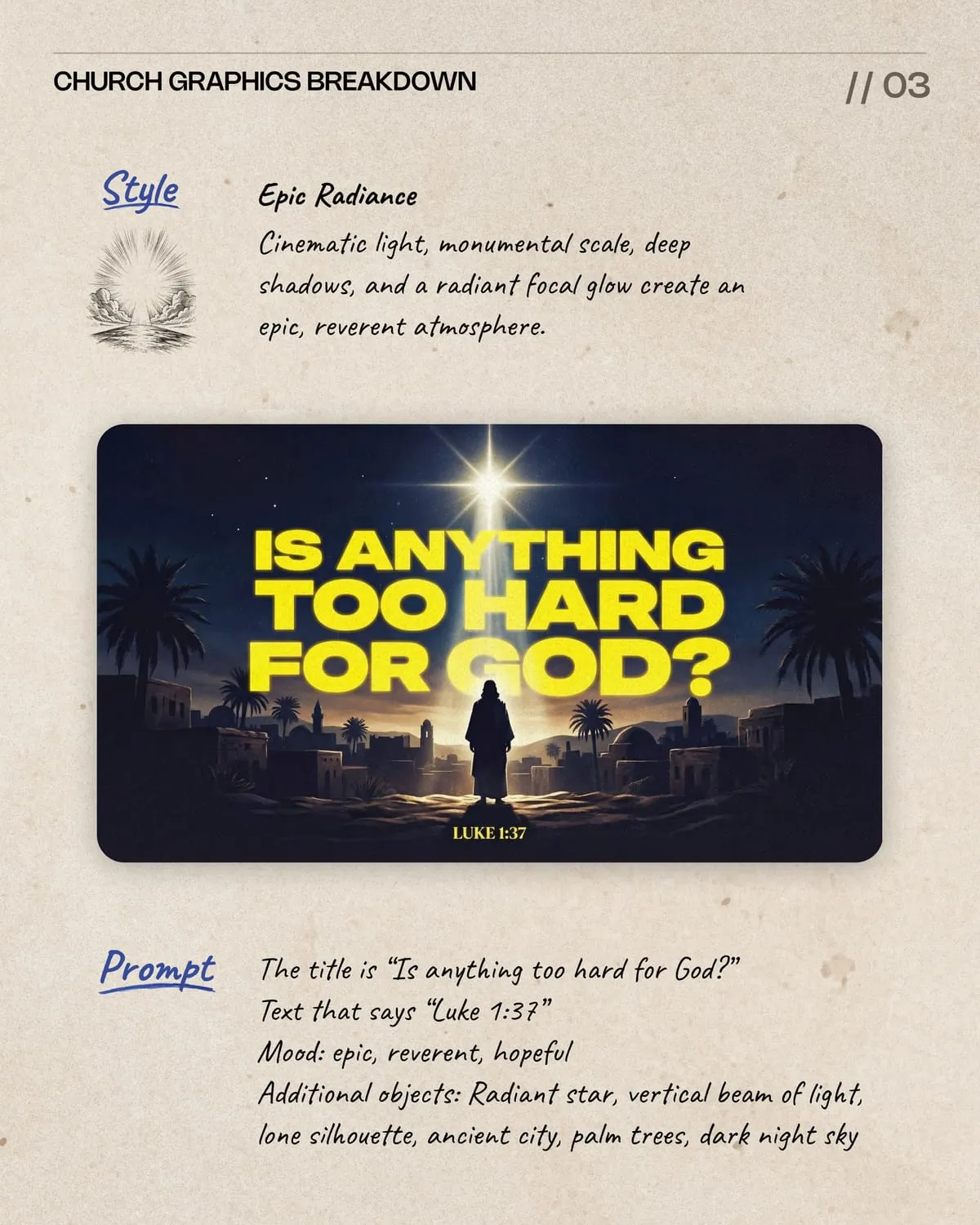 Church graphic titled “Is Anything Too Hard for God?” with Luke 1:37, a radiant star and beam of light over a lone silhouette in an ancient city at night
