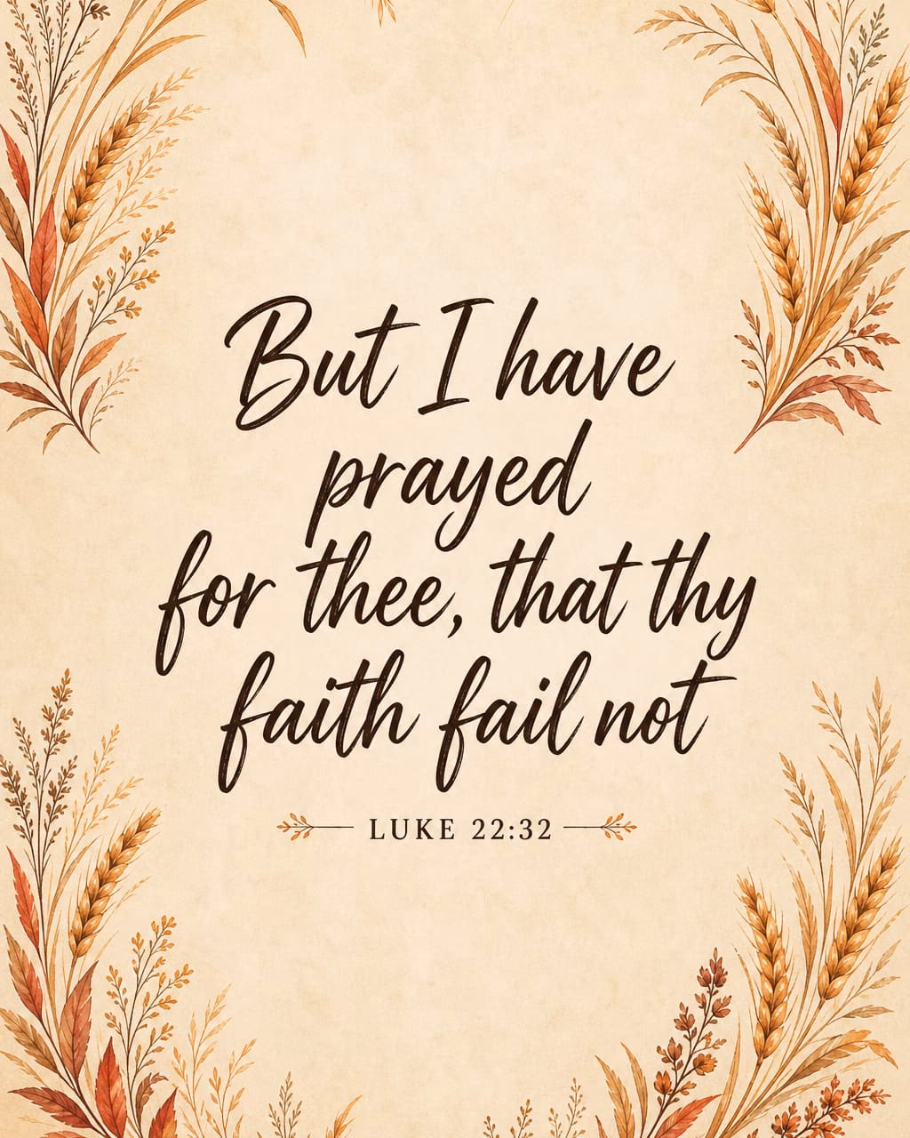 4:5 scripture graphic of Luke 22:32 in brown calligraphy framed by watercolor wheat and autumn leaves