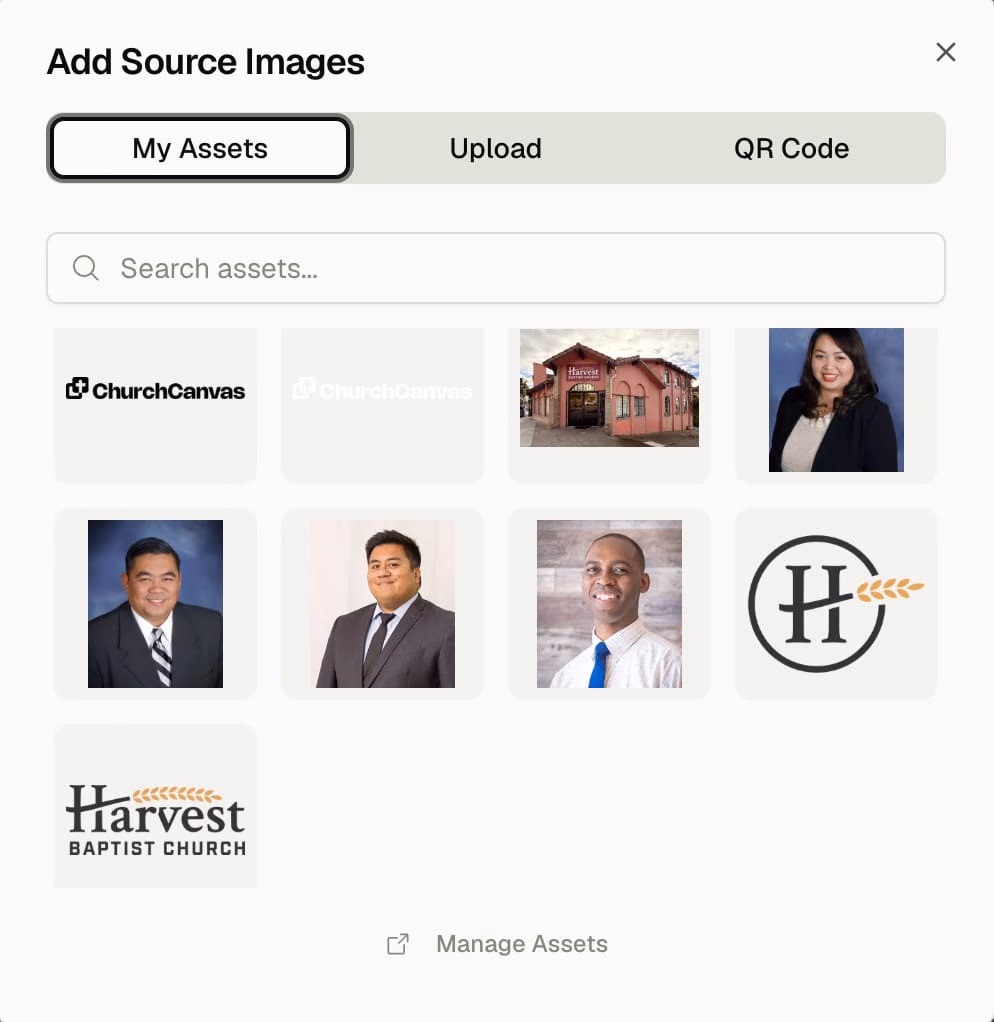 Add Source Images dialog with My Assets selected, showing church logos, a building photo, and staff portraits