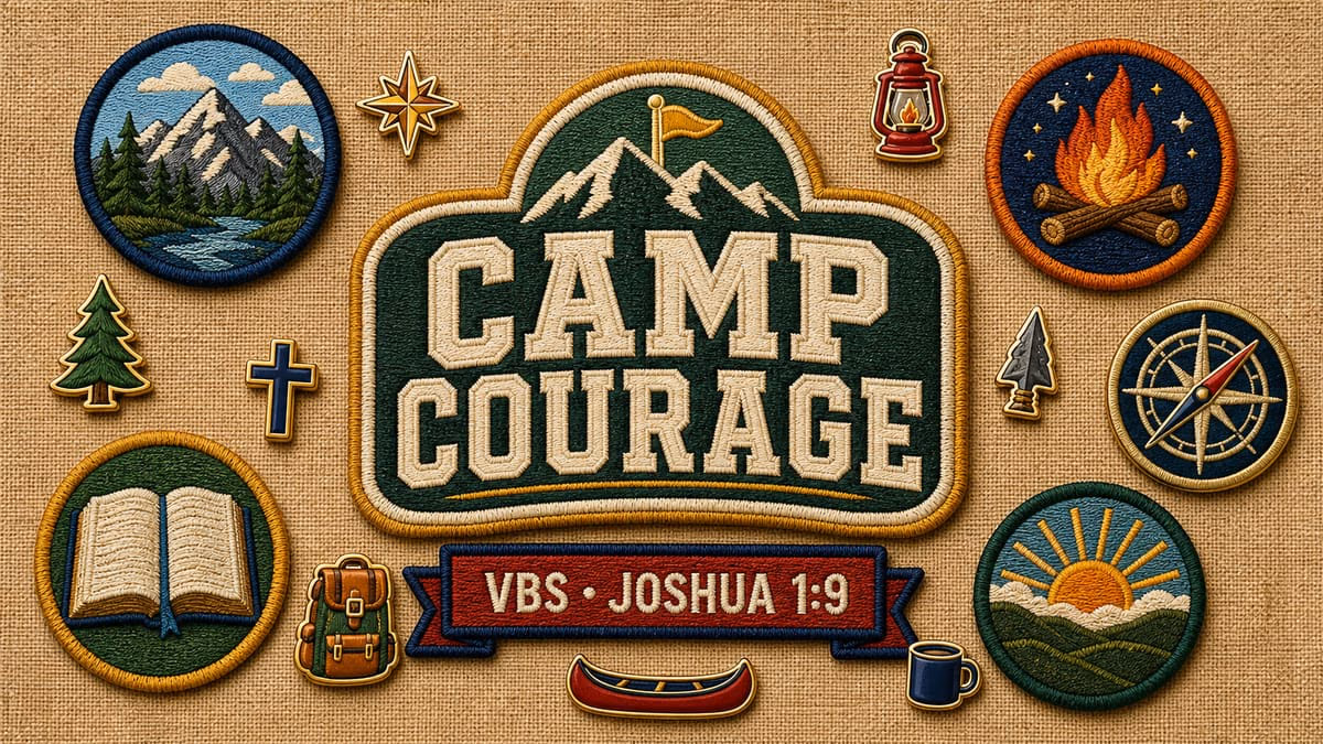 Camp Courage VBS graphic made from embroidered patches and enamel pins on flat canvas fabric