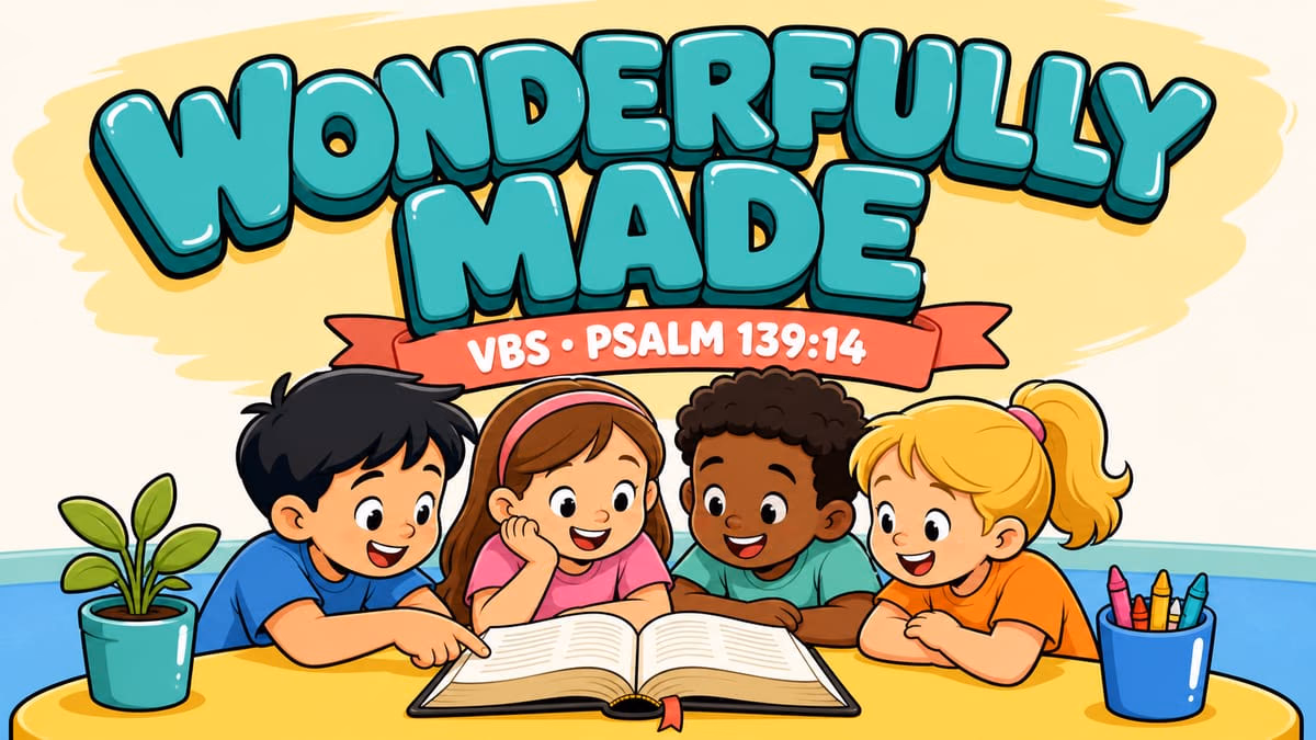Wonderfully Made VBS graphic in the Playroom Pop style with four children reading an open Bible
