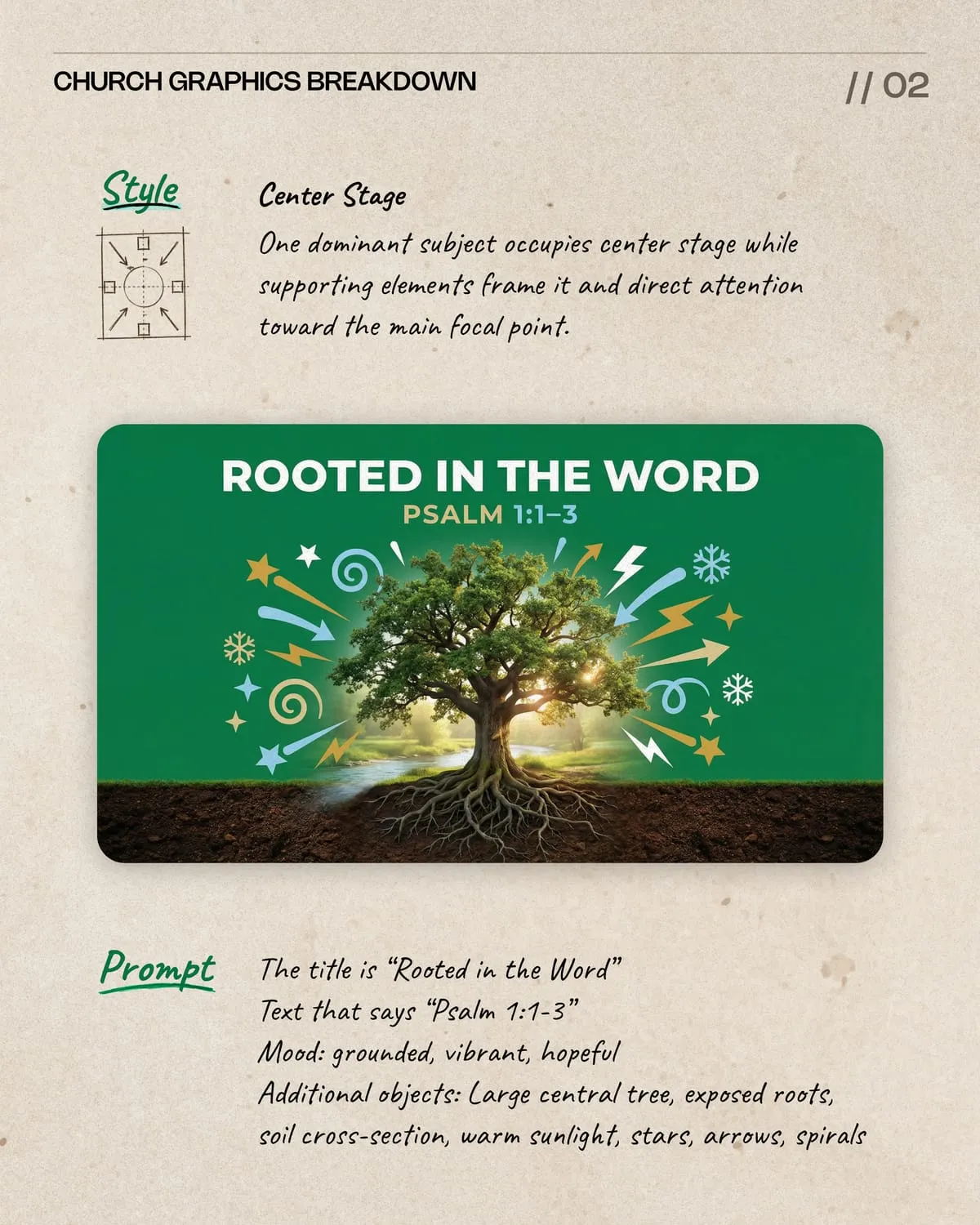 Church graphic titled “Rooted in the Word” with Psalm 1:1-3, a glowing central tree with exposed roots over a green background with decorative icons