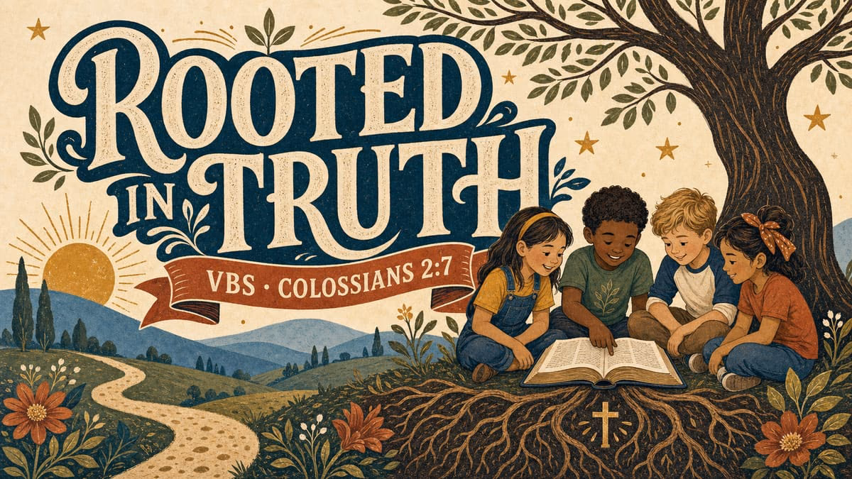Rooted in Truth VBS graphic in a textured folk illustration style with children reading under a tree