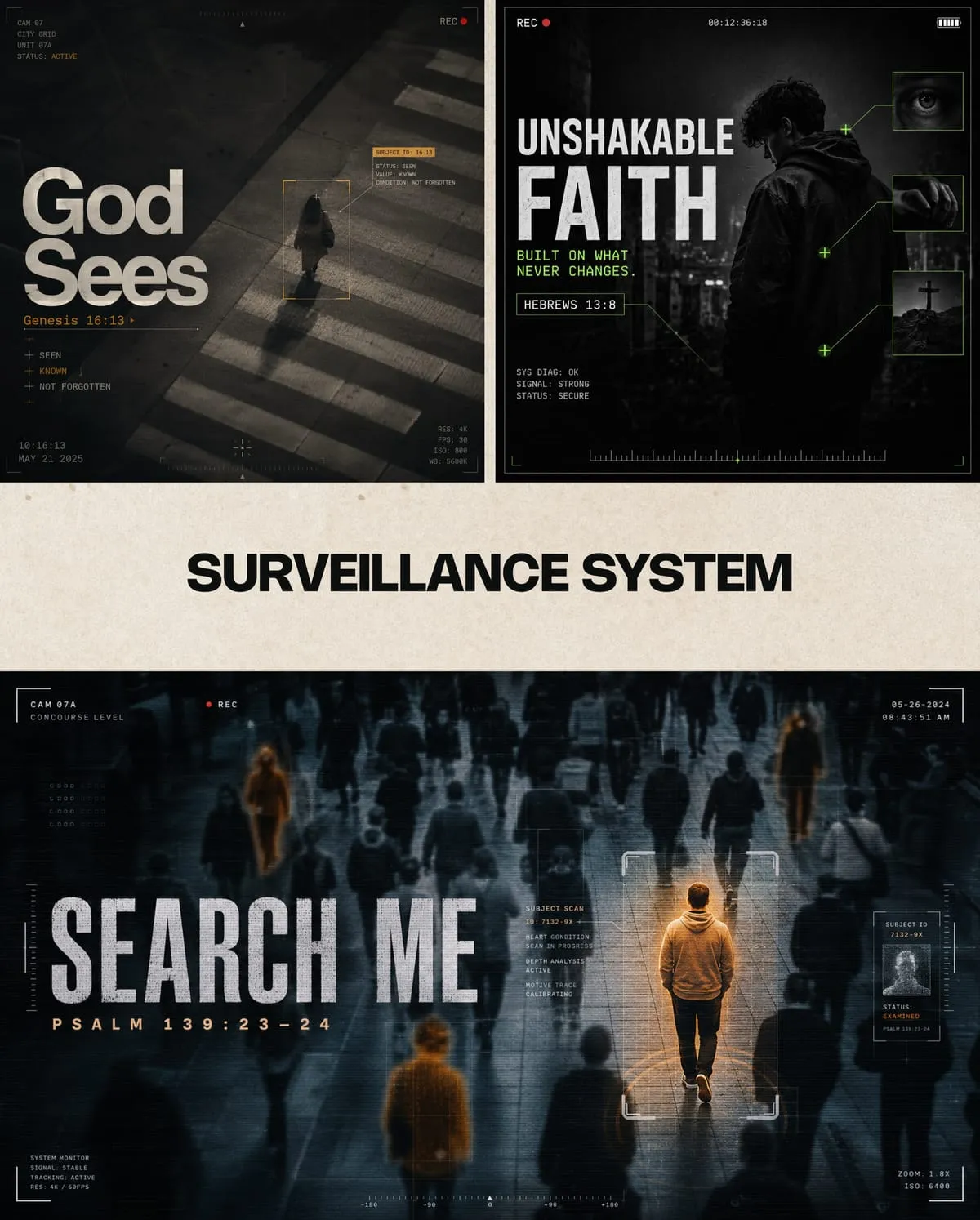 Three Surveillance System style sermon graphics: “God Sees,” “Unshakable Faith,” and “Search Me,” styled like security camera footage with tracking overlays