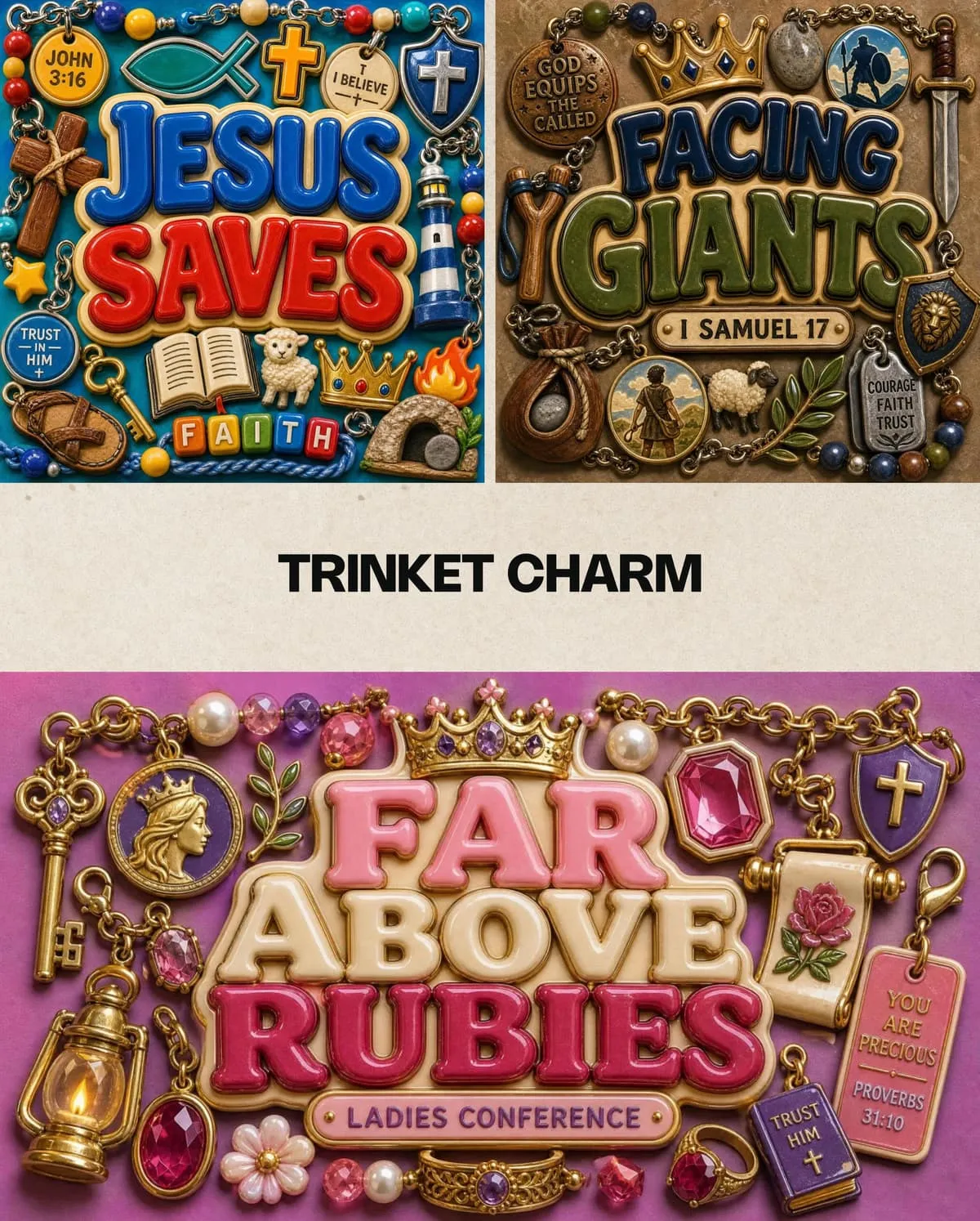 Three Trinket Charm style sermon graphics: “Jesus Saves,” “Facing Giants,” and “Far Above Rubies,” styled like glossy charm bracelet jewelry